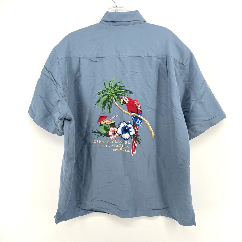Caribbean Parrot Cocktail Embroidered Camp Shirt Mens Large Blue Short Sleeve - Picture 4 of 9